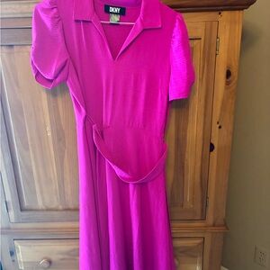 DKNY Magenta Collared Midi Dress with Self-Tie Belt